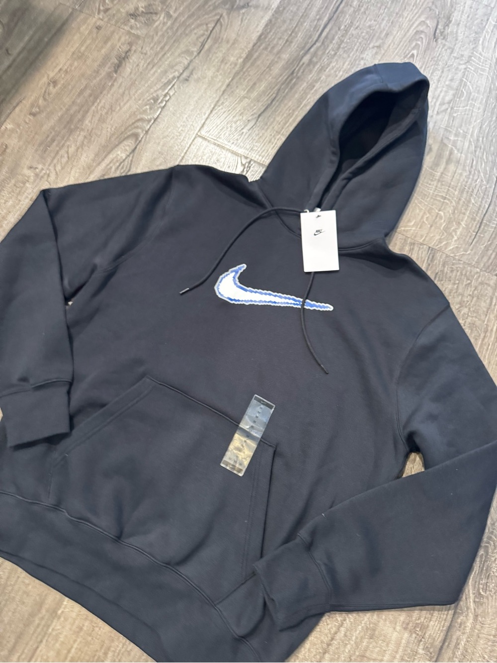 Nike Sportswear Club Black Hoodie Blue and White Swoosh New Size Medium Men - Picture 6 of 12